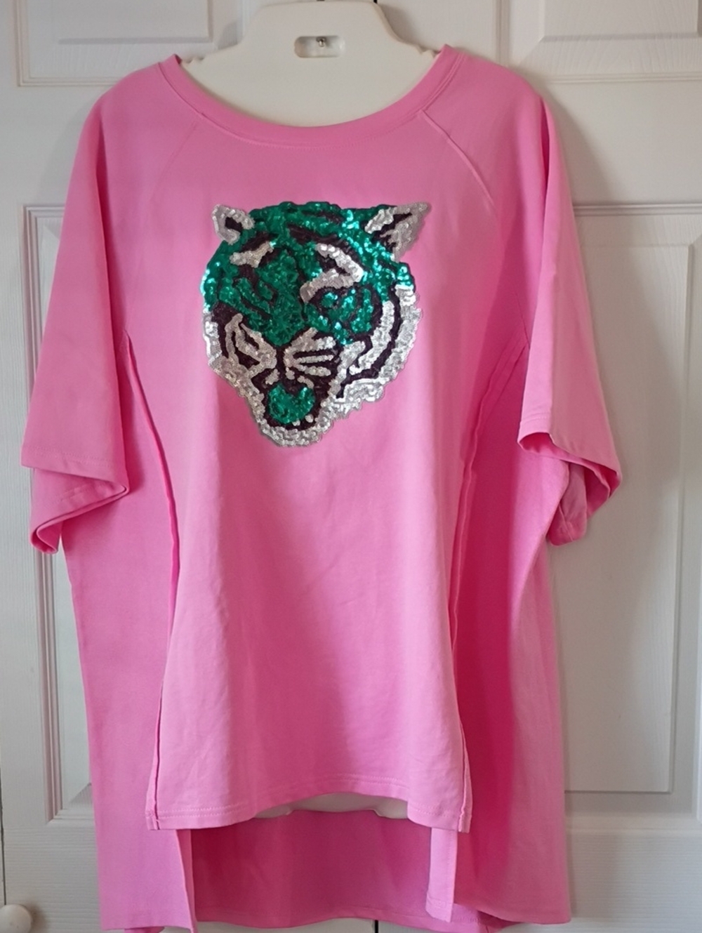 Fantastic Fawn Pink Tee with Green and Silver Sequin Tiger